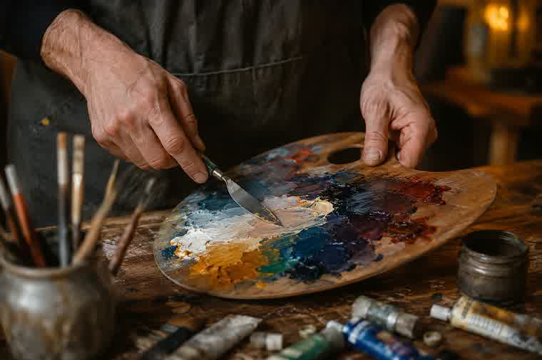Artist working in a dark studio